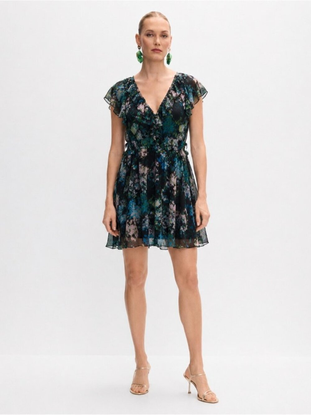 Melanie Lyne Chiffon Ruffle V-Neck Flutter Sleeve green floral Mini Dress sz XL